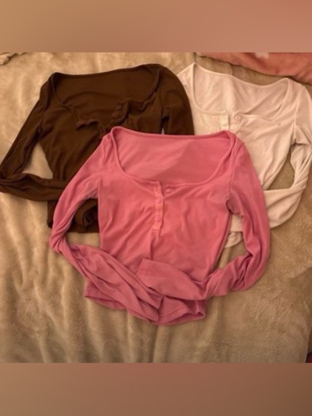 SHEIN Long-Sleeve Scoop Neck Henley Top Trio - Pink, White, Brown BUNDLE